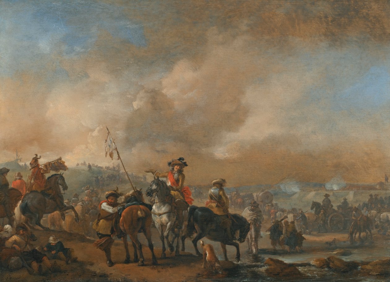 Cavalaria em movimento, uma fortificação sitiada além de Philips Wouwerman