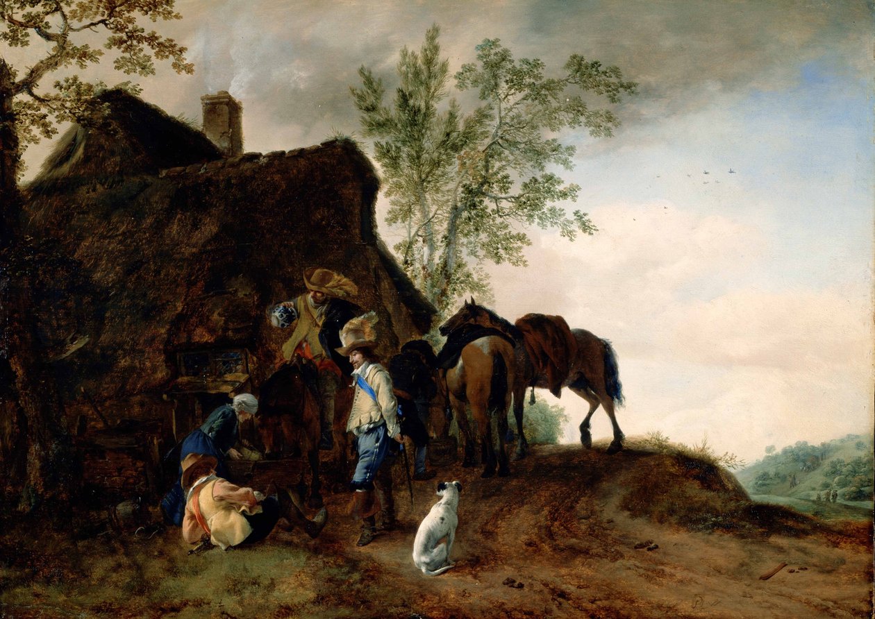 Parada dos Cavaliers em uma pousada de Philips Wouwerman