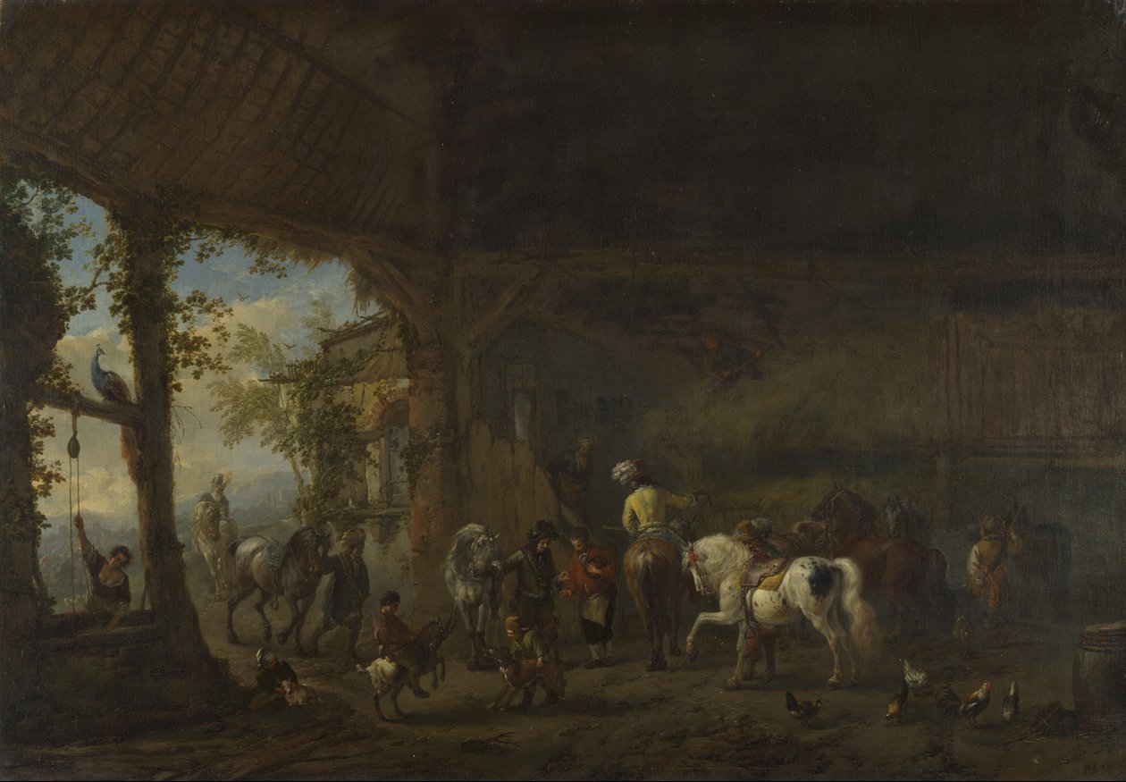 O interior de um estábulo de Philips Wouwerman