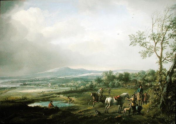 Um partido de Hawking em uma paisagem extensa de Philips Wouwerman