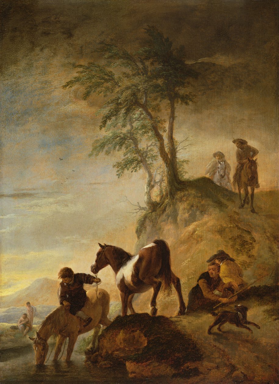 Cavaleiros molhando seus cavalos (painel) de Philips Wouwerman