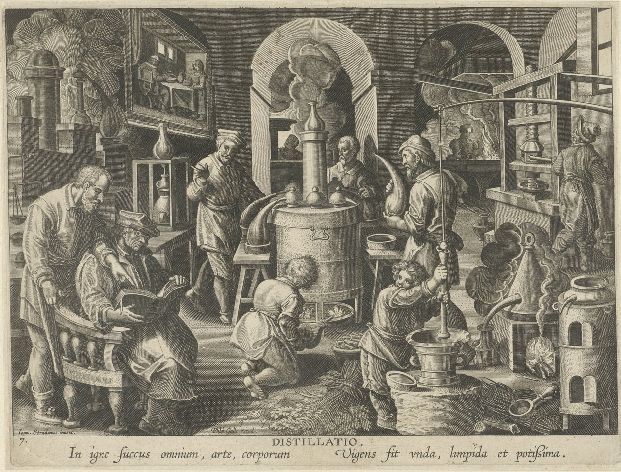 Destilação Destilação (título no objeto) Novas invenções e descobertas (título da série) Nova Reperta (título da série) de Philips Galle (attributed to workshop of)