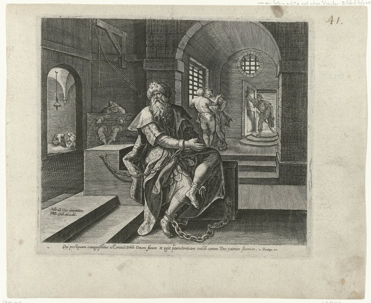 Koning Manasse na prisão Boetedoening en berouw in het Oude Testament en het Nieuwe Testament (título da série) Uma espécie de indulgência e misericórdia divinas, para com aqueles que se arrependem de suas transgressões de todo o coração e se voltam para D de Philips Galle (attributed to workshop of)