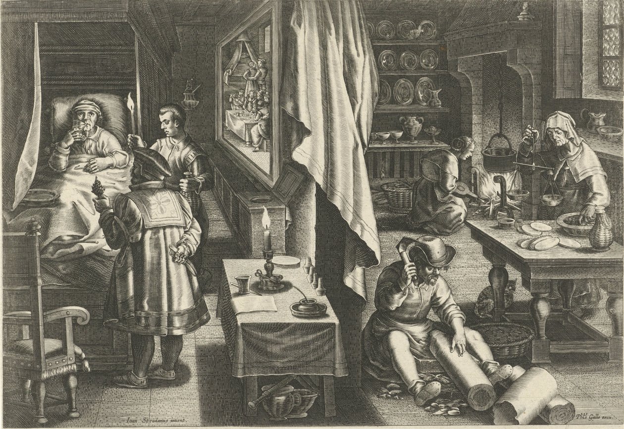 Droga contra a sífilis
Novas invenções e descobertas (título da série)
Nova Reperta (título da série) de Philips Galle (attributed to workshop of)