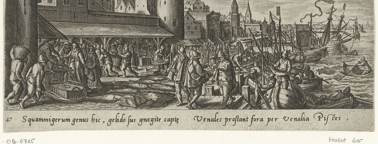 Vismarkt Jacht en visvangst (título da série) Tipos de caça, pesca e caça (título da série) de Philips Galle (attributed to workshop of)