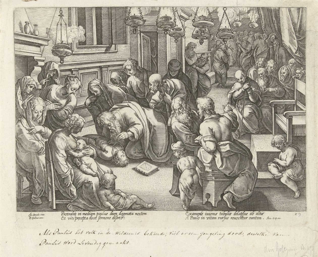Paulo traz Êutico de volta à vida Atos dos Apóstolos (título da série) Acta Apostolorum (título da série) de Philips Galle (workshop of)