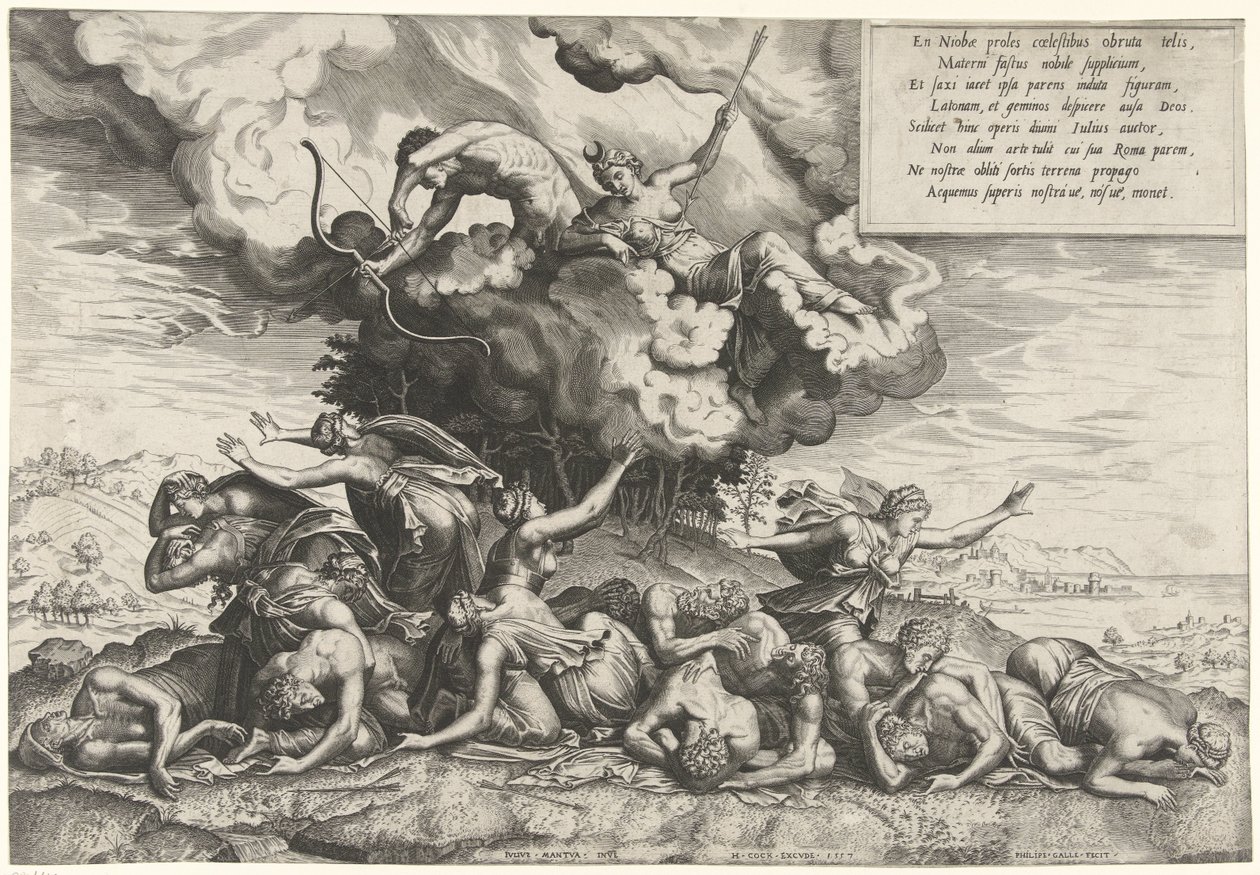 Apollo e Diana matam as crianças de Niobe de Philips Galle