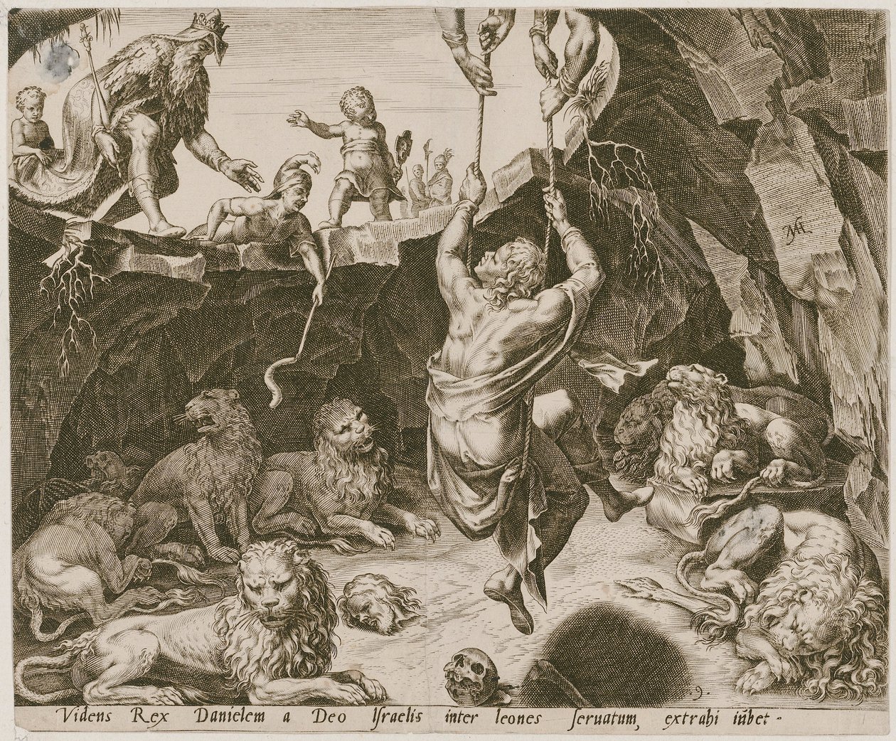 Daniel é libertado da cova dos leões, prancha 9 da série «A história de Daniel, Bel e o dragão» de Philips Galle