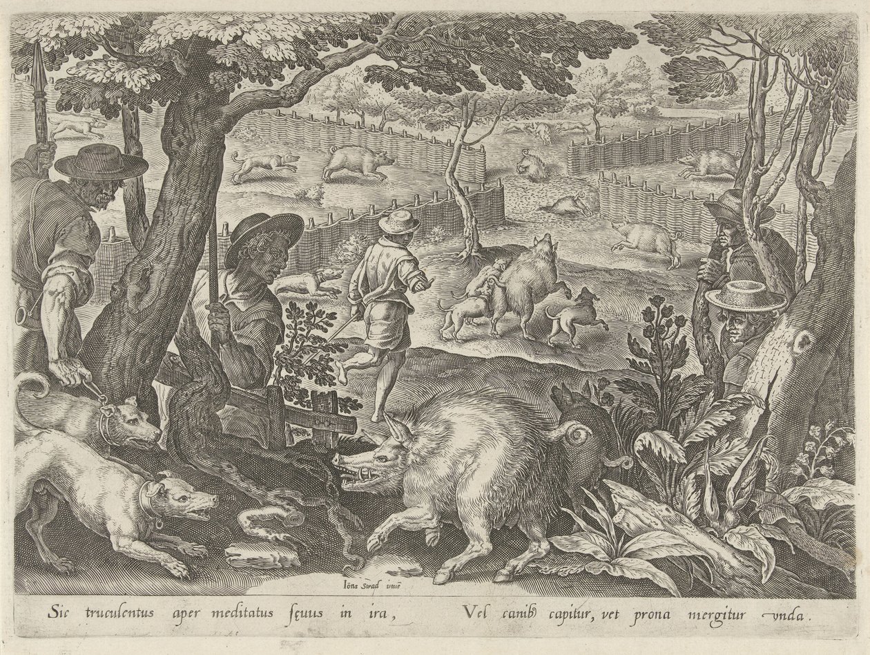 Drijfjacht op zwijnen Jachttaferelen (título da série) Em que todo tipo de caça, caça e pesca (título da série) de Philips Galle
