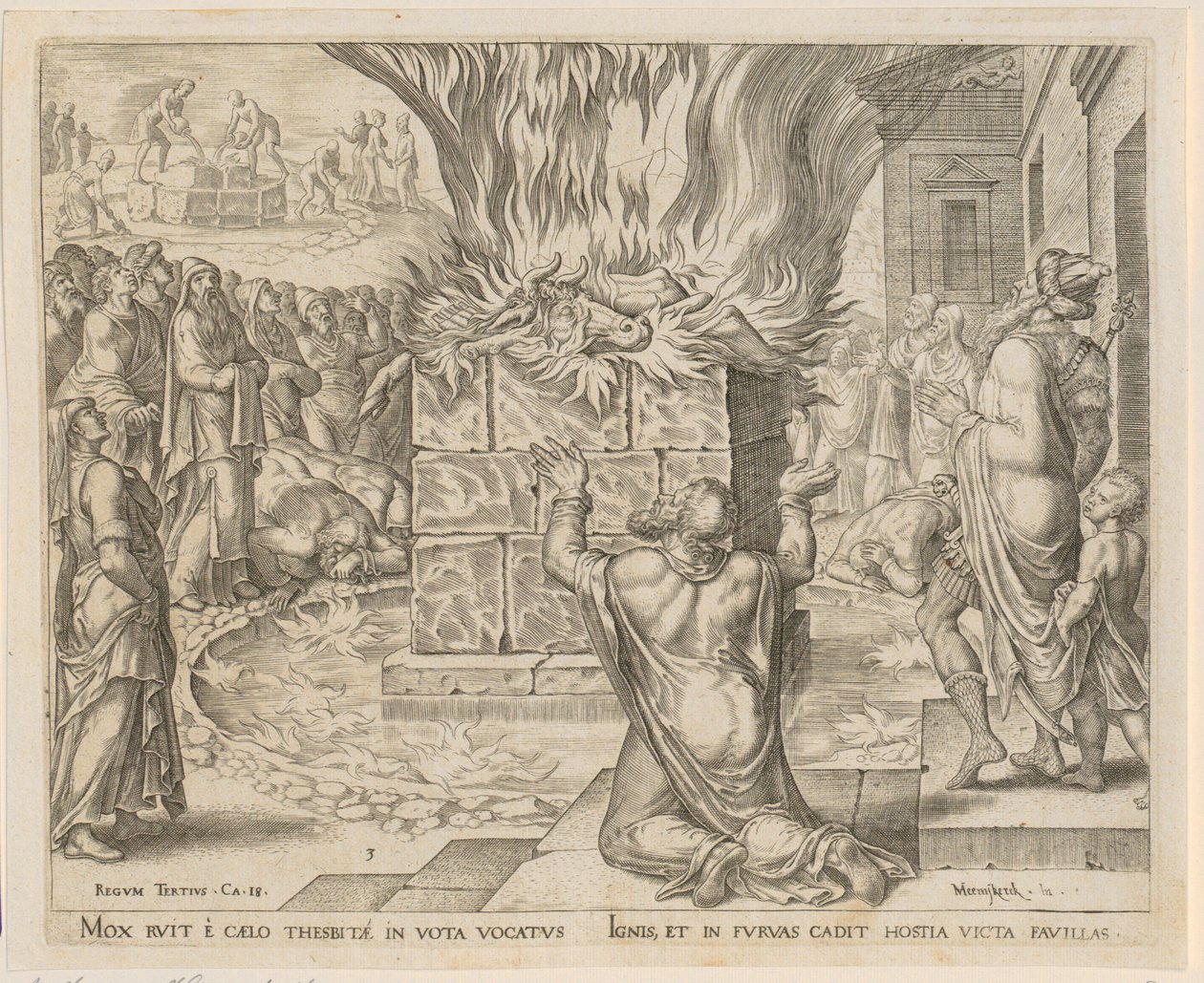 A oferenda de Elias é acesa pelo fogo, prancha 3 da série «A história de Elias e dos sacerdotes de Baal» de Philips Galle