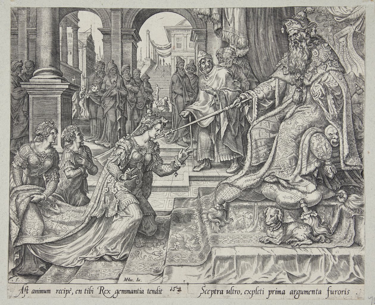 Ester diante de Assuero, convidando-o para um banquete de Philips Galle