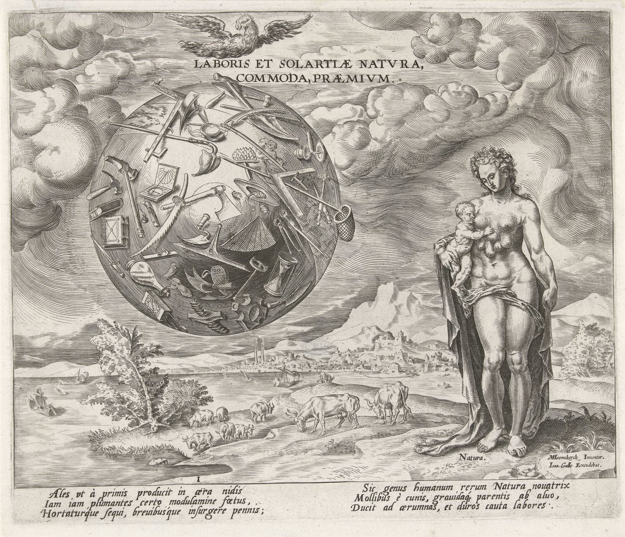 Nascido para trabalhar Laboris et Solartiae natvra commoda Praemivm (título no objeto) Recompensas para Trabalho e Indústria (título da série) de Philips Galle