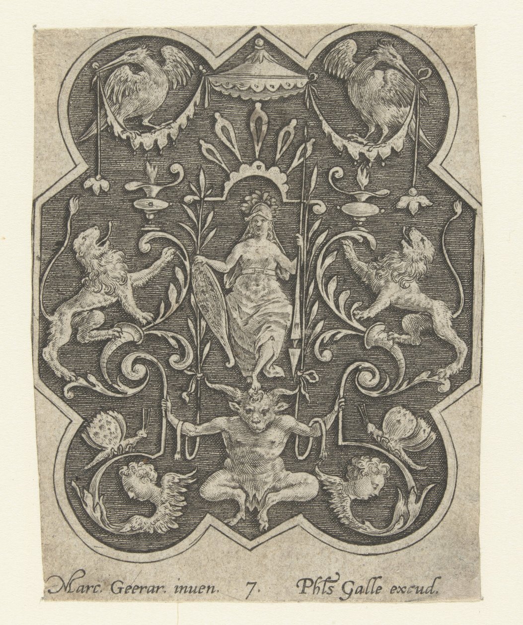 Mulher de capacete com escudo e lança Decorações de superfície com grotescos em um fundo sombreado (título da série) de Philips Galle