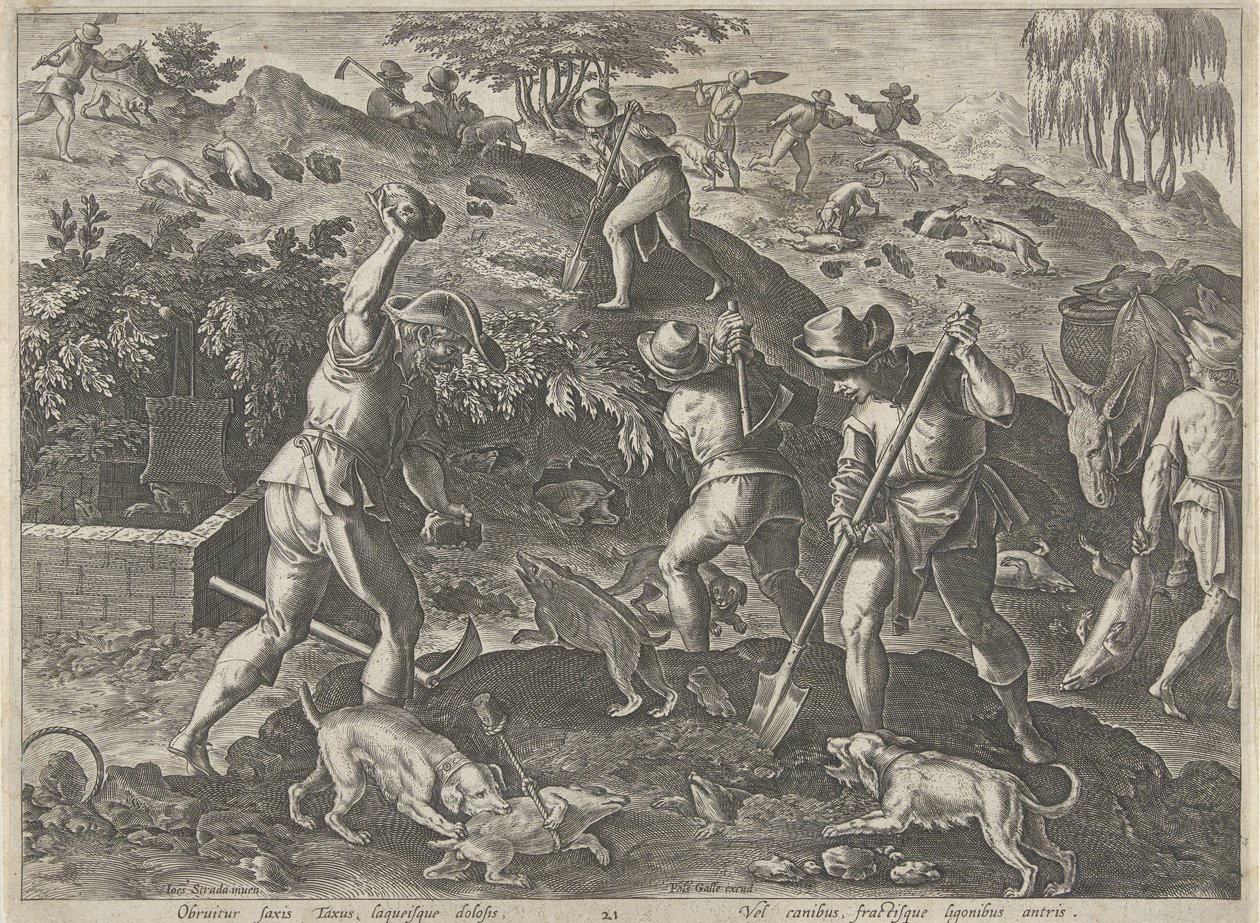 Jacht op dassen Jachttaferelen (título da série) Em que todo tipo de caça, caça e pesca (título da série) de Philips Galle
