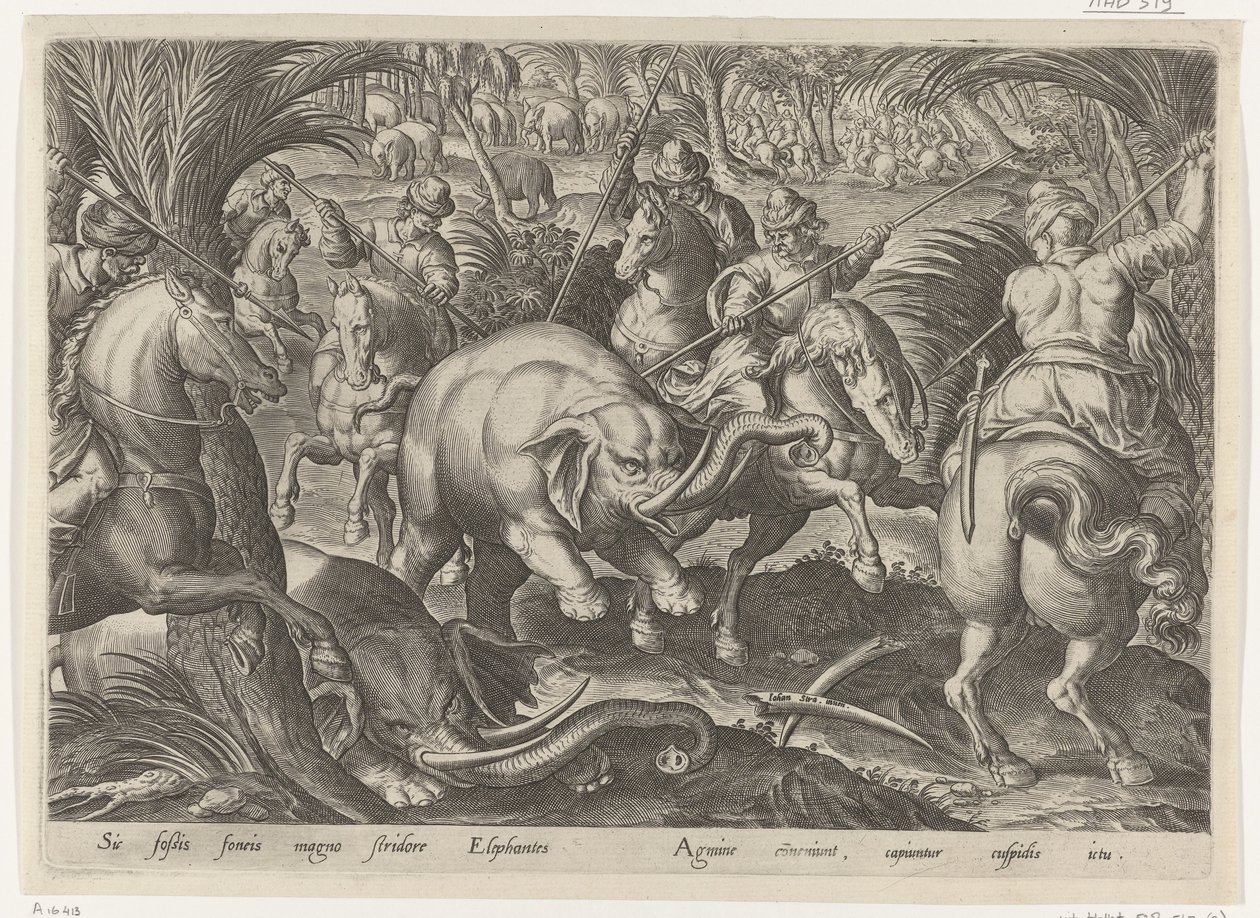 Jacht op olifante Jachttaferelen (título da série) Em que todo tipo de caça, caça e pesca (título da série) de Philips Galle