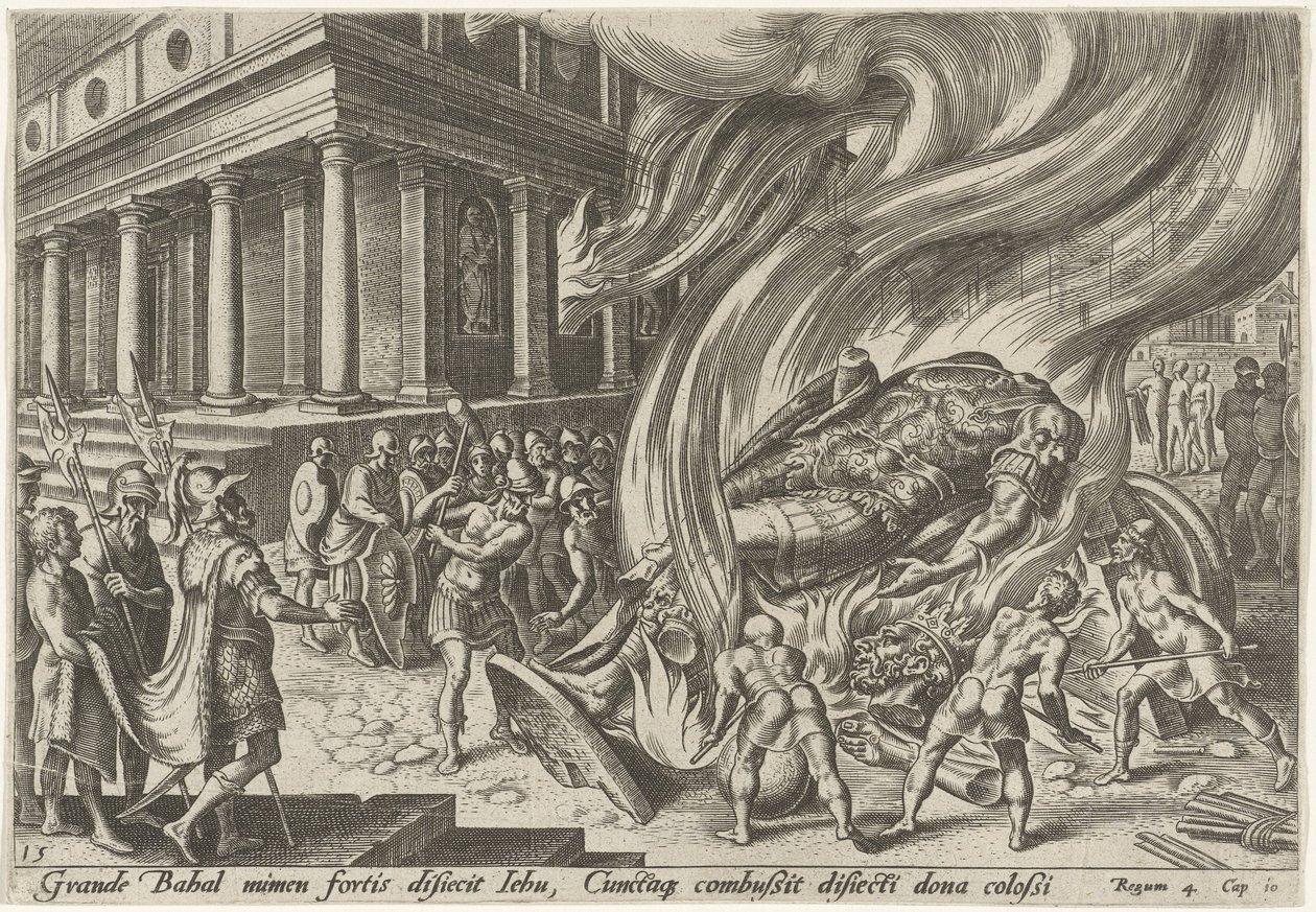 Jeú destrói o templo e a imagem de Baal The Days of Doom of the Jewish People (título da série) de Philips Galle