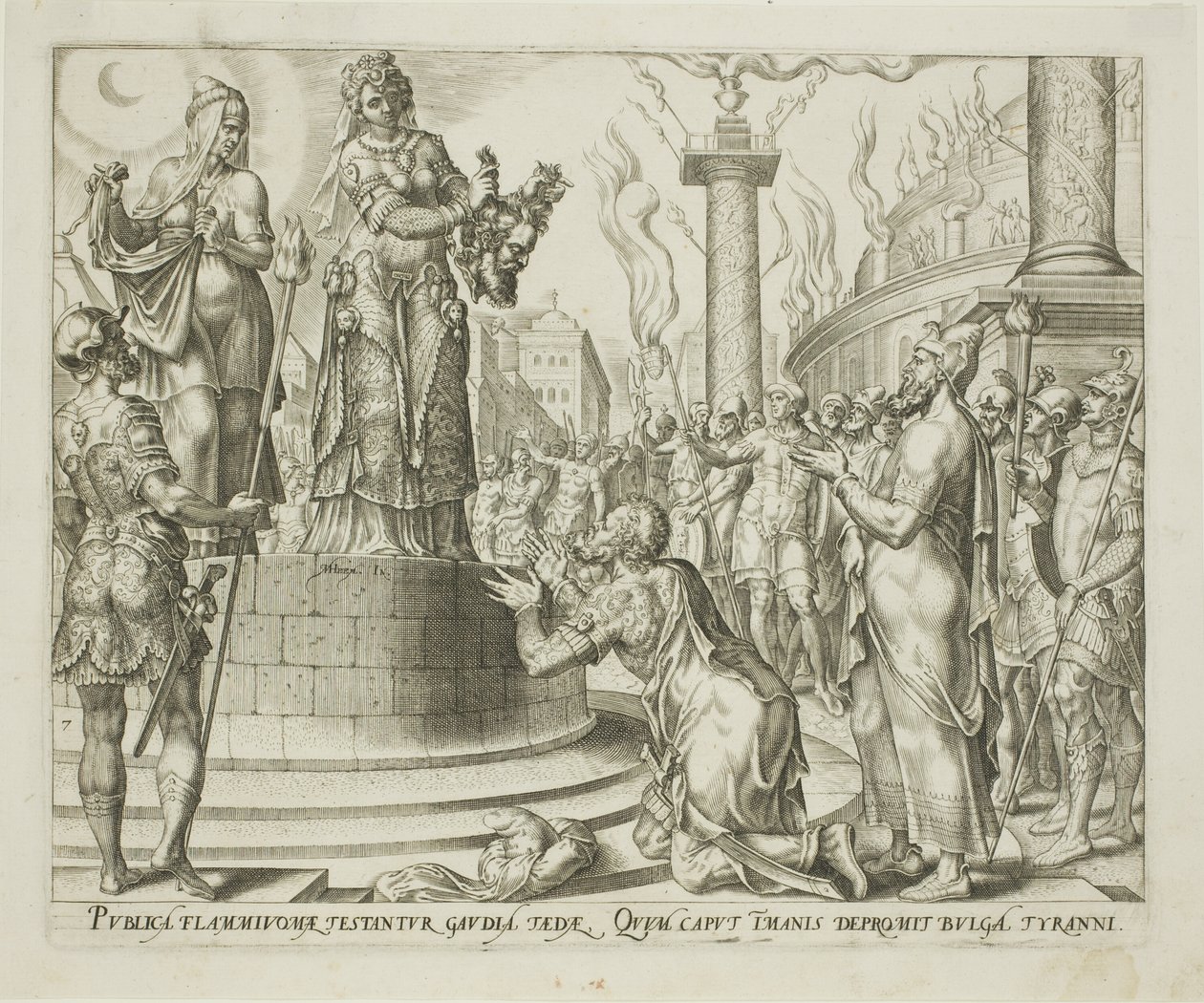 Judite mostrando a cabeça de Holofernes ao povo de Betúlia, placa sete de A história de Judite e Holofernes de Philips Galle