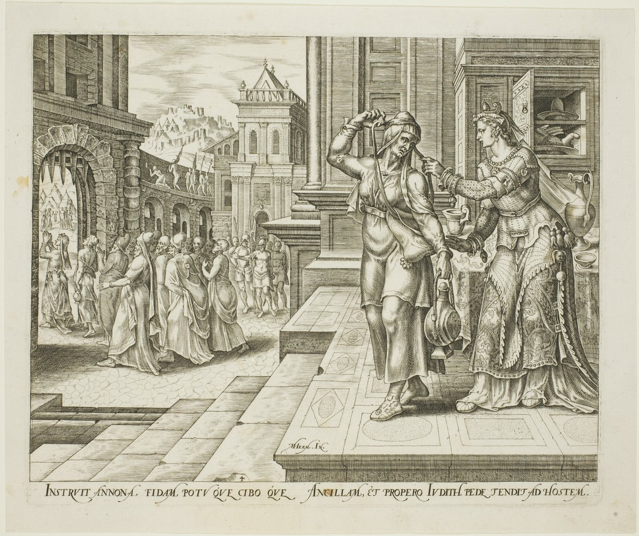Judite prepara-se para partir para o acampamento dos inimigos, prato quatro de A história de Judite e Holofernes de Philips Galle
