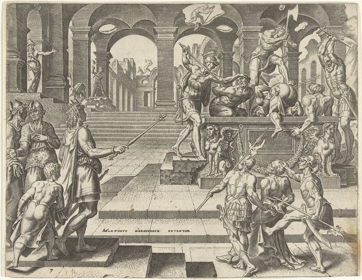 Rei Josias ordena a morte dos sacerdotes dos templos em Samaria História do Rei Josias (título da série) de Philips Galle