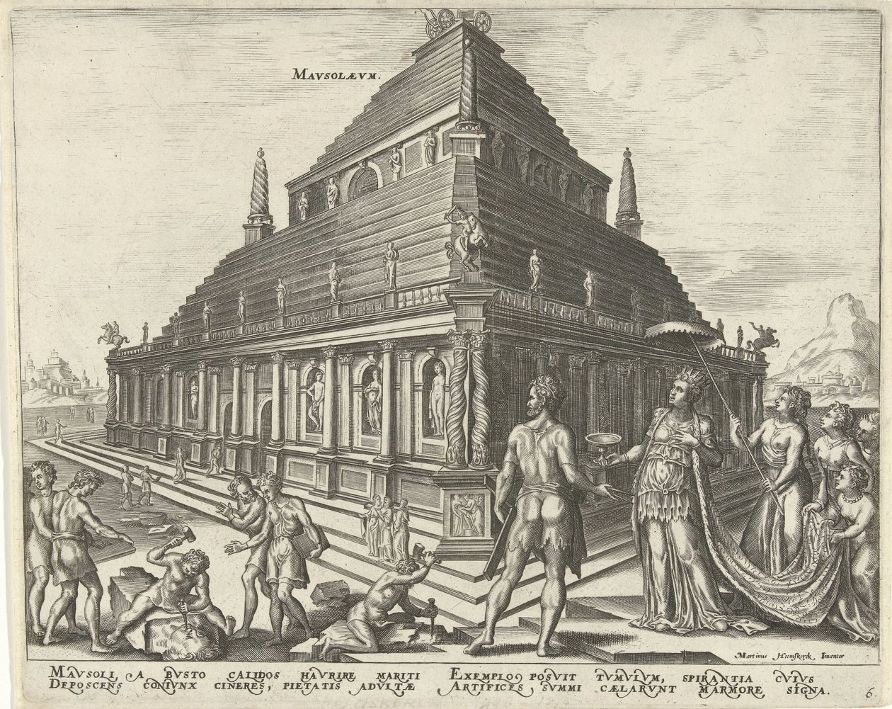 Mausoléu de Halicarnassus
Mavsolaevm (título sobre o objecto)
As oito maravilhas do mundo (título da série) de Philips Galle