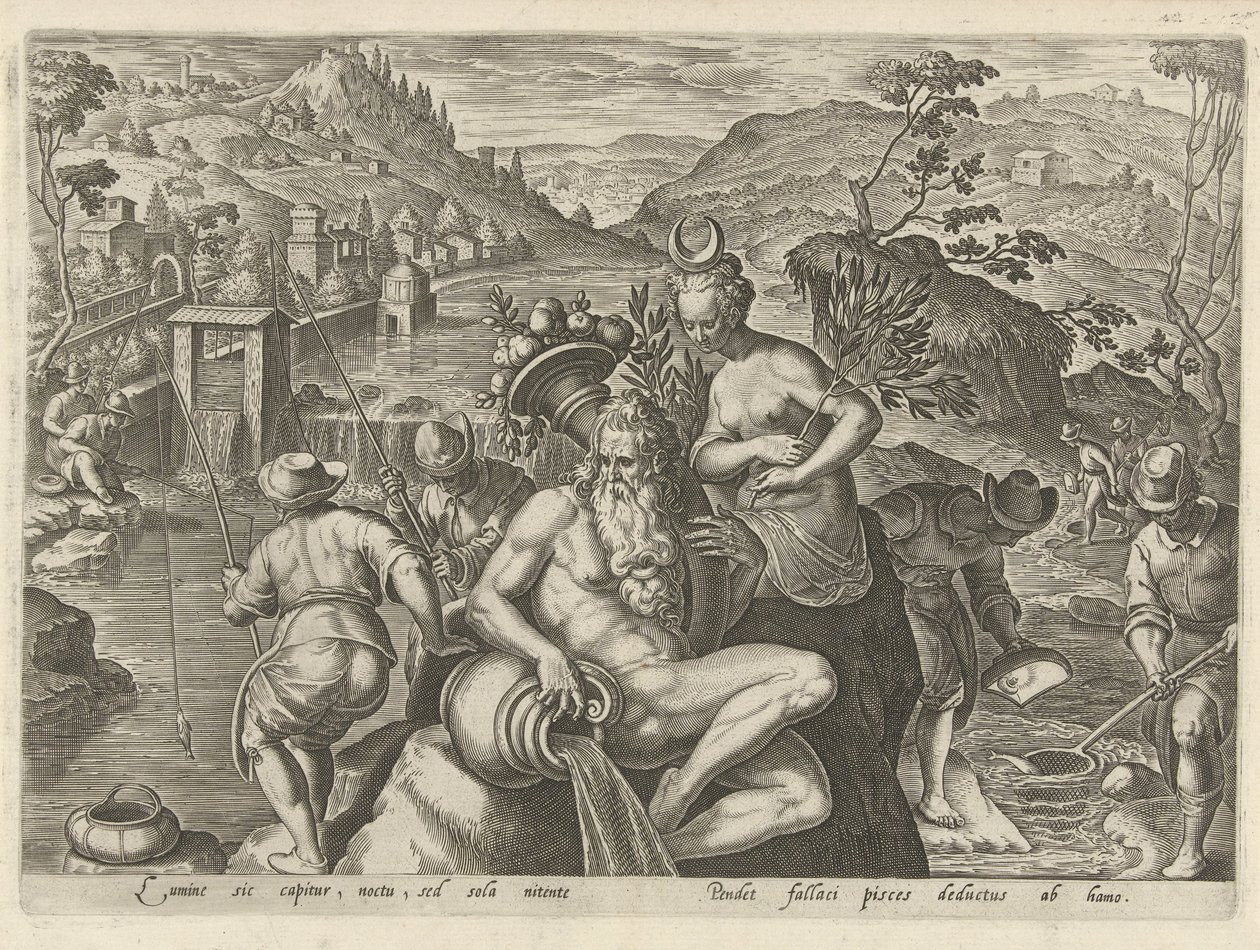 Pesca nocturna com vara de pesca
Cenas de caça (título da série)
Em quibus omne genus venationis, aucupij, piscatusque (título da série) de Philips Galle