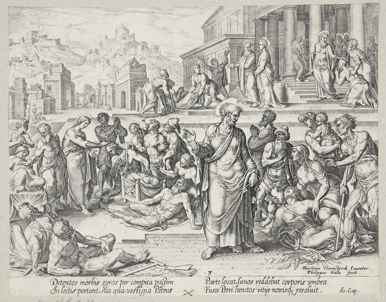 Petrus curando os doentes com sua sombra de Philips Galle