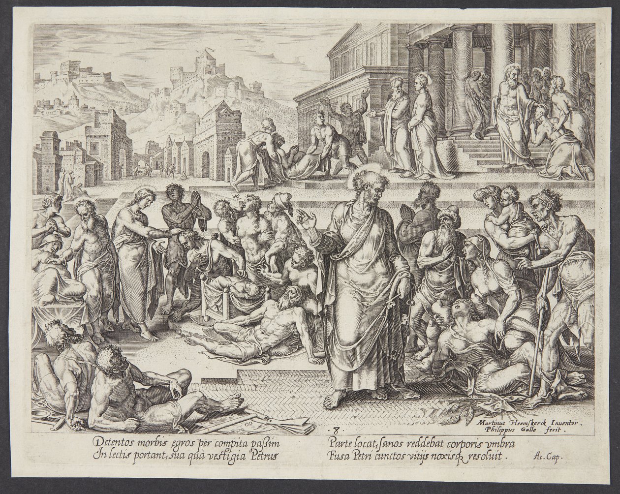 Petrus curando os doentes com sua sombra de Philips Galle