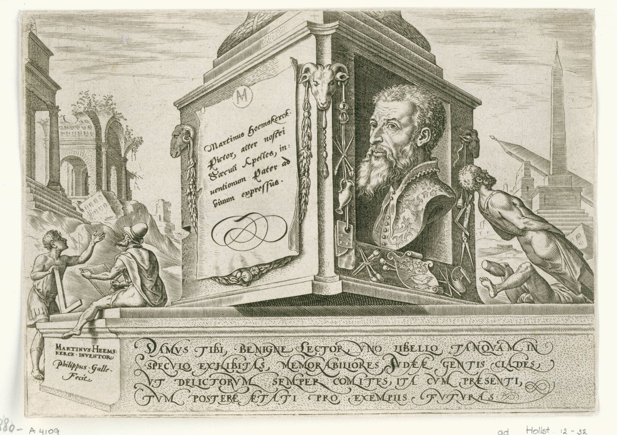 Retrato de Maarten van Heemskerck no pedestal de uma coluna
Os dias da desgraça do povo judeu (título da série) de Philips Galle