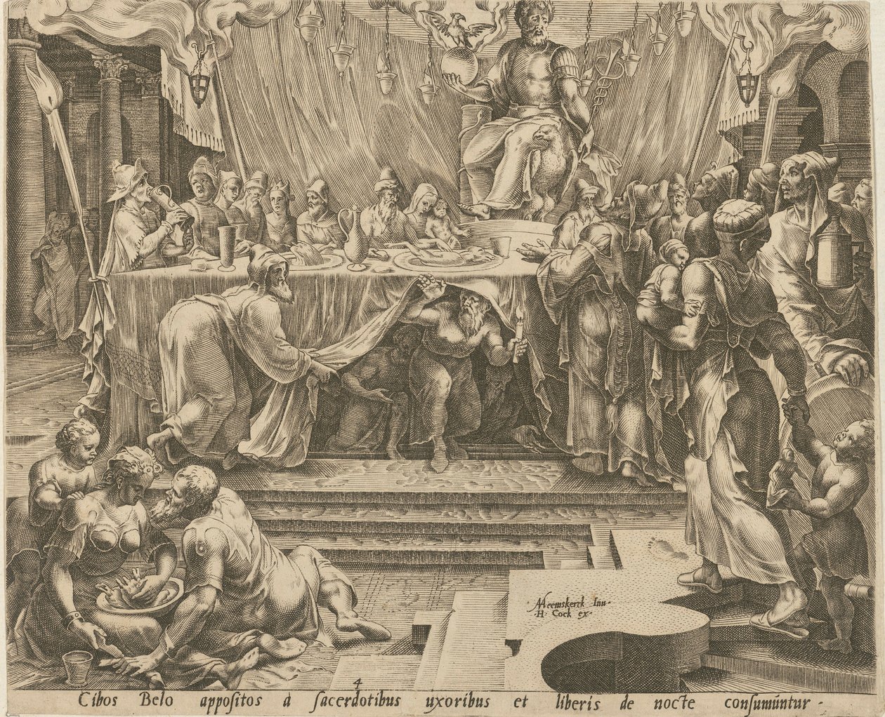 Os sacerdotes de Bel comem e bebem no templo [página 4] e Daniel alimenta o dragão [página 7], páginas 4 e 7 da série «A história de Daniel, Bel e o dragão» de Philips Galle