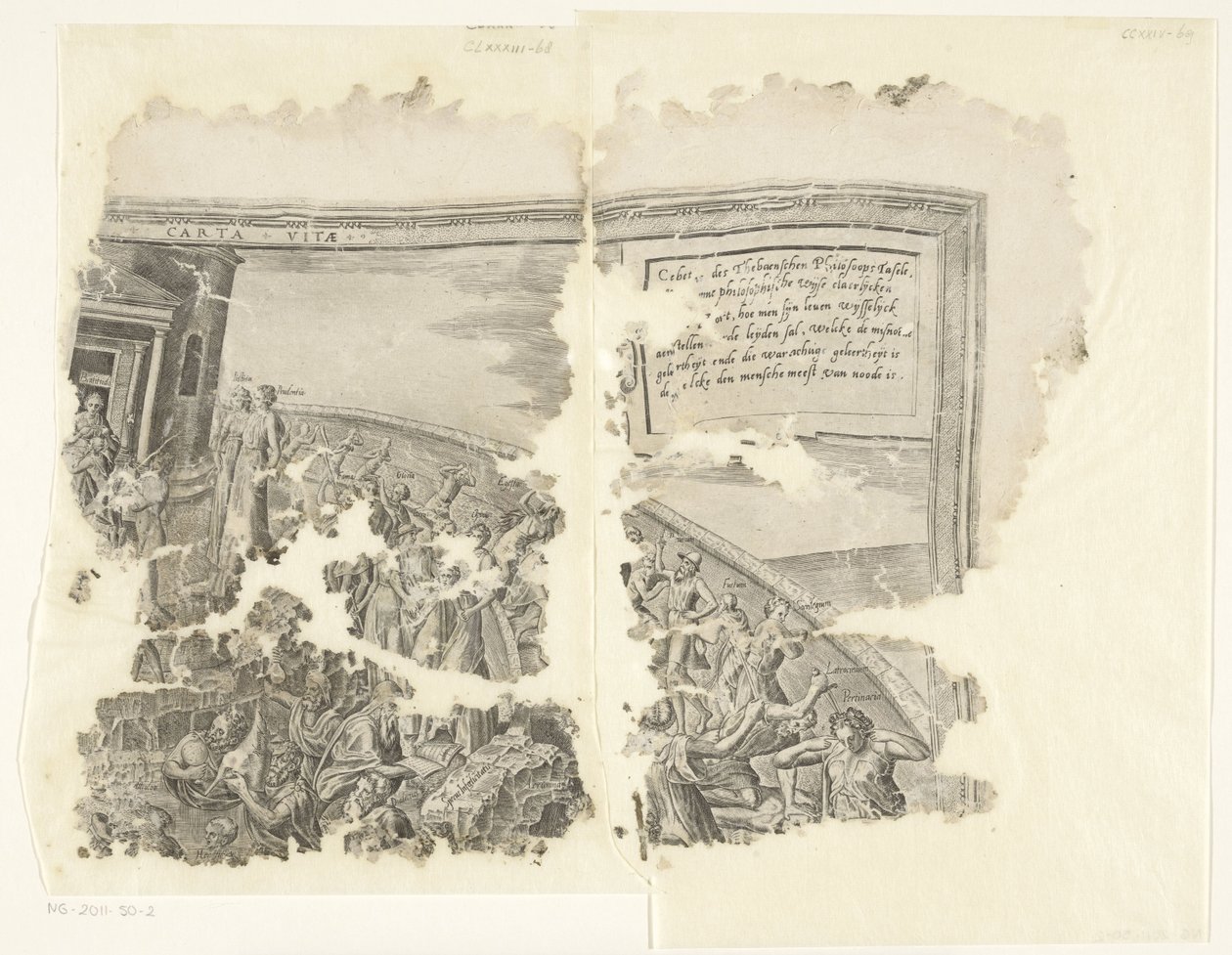 Canto superior direito de uma impressão da cena de Cebes
Tabula Cebetis Carta Vitae (título sobre o objecto) de Philips Galle
