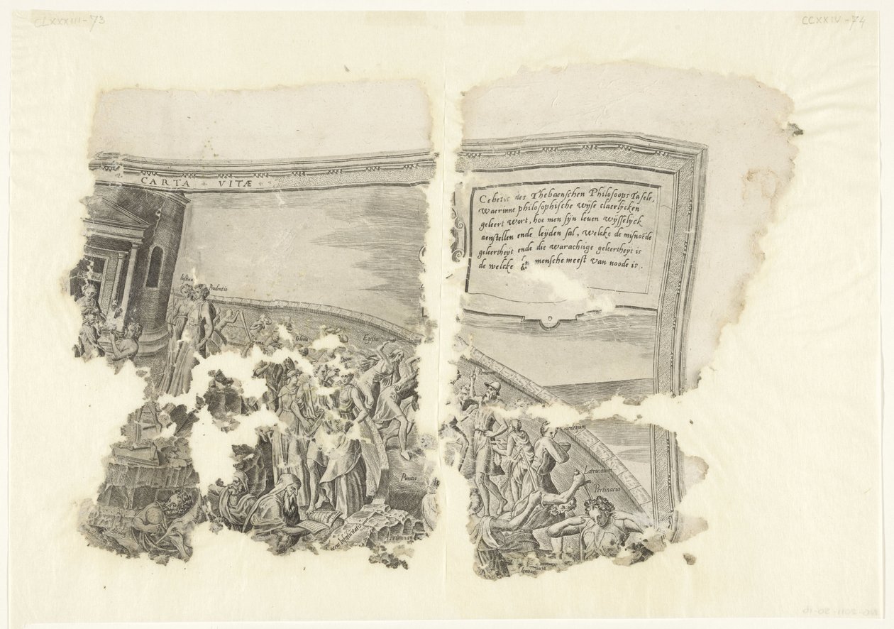 Canto superior direito de uma impressão da cena de Cebes
Tabula Cebetis Carta Vitae (título sobre o objecto) de Philips Galle