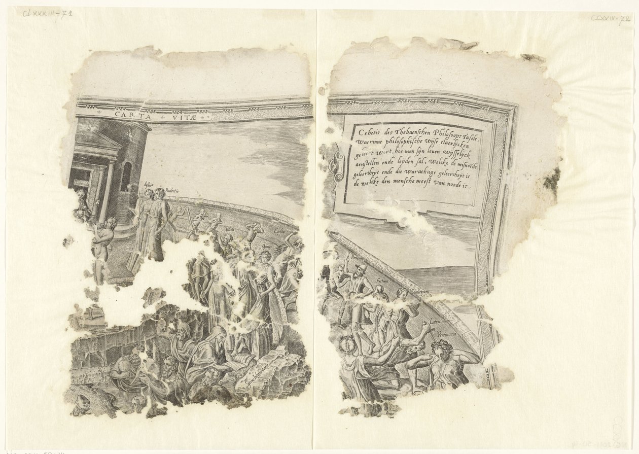 Canto superior direito de uma impressão da cena por Cebes Tabula Cebetis Carta Vitae (título no objeto) de Philips Galle