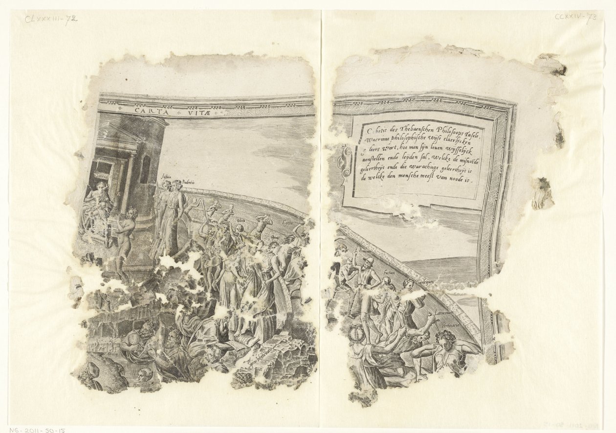 Canto superior direito de uma impressão da cena de Cebes
Tabula Cebetis Carta Vitae (título sobre o objecto) de Philips Galle