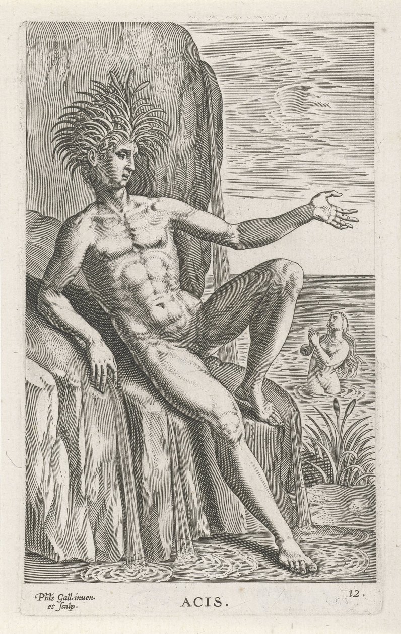 deus do rio Acis
Acis (título sobre o objecto)
Deuses do rio e do mar (título da série)
Semideorum Marinorum amnicorumque sigillariae imagines perelegantes (título da série) de Philips Galle