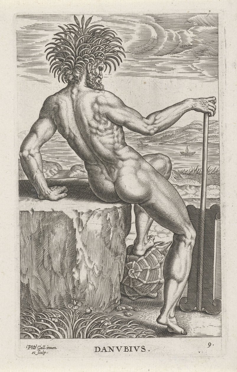 Deus do rio Danúbio
Danvbivs (título sobre o objecto)
Deuses do rio e do mar (título da série)
Semideorum Marinorum amnicorumque sigillariae imagines perelegantes (título da série) de Philips Galle