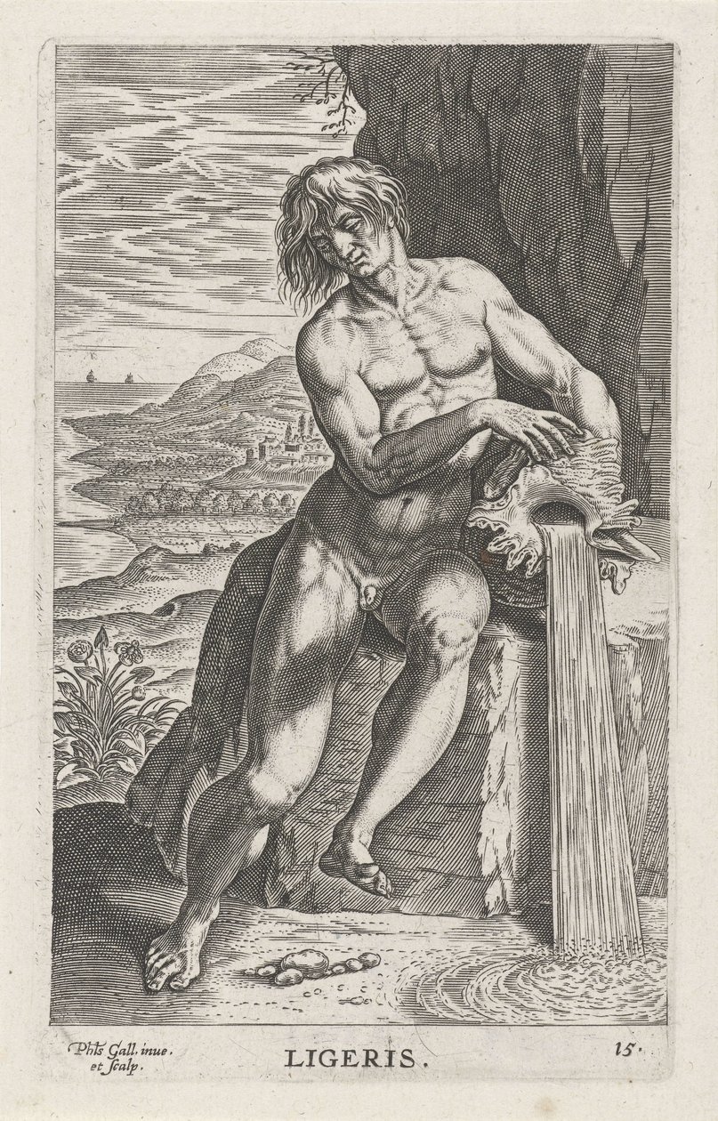 Riviergod Ligeris Ligeris (título no objeto) Rivier- en zeegoden (título da série) Retratos elegantes dos semideuses marinhos e das focas Amnicus (título da série) de Philips Galle