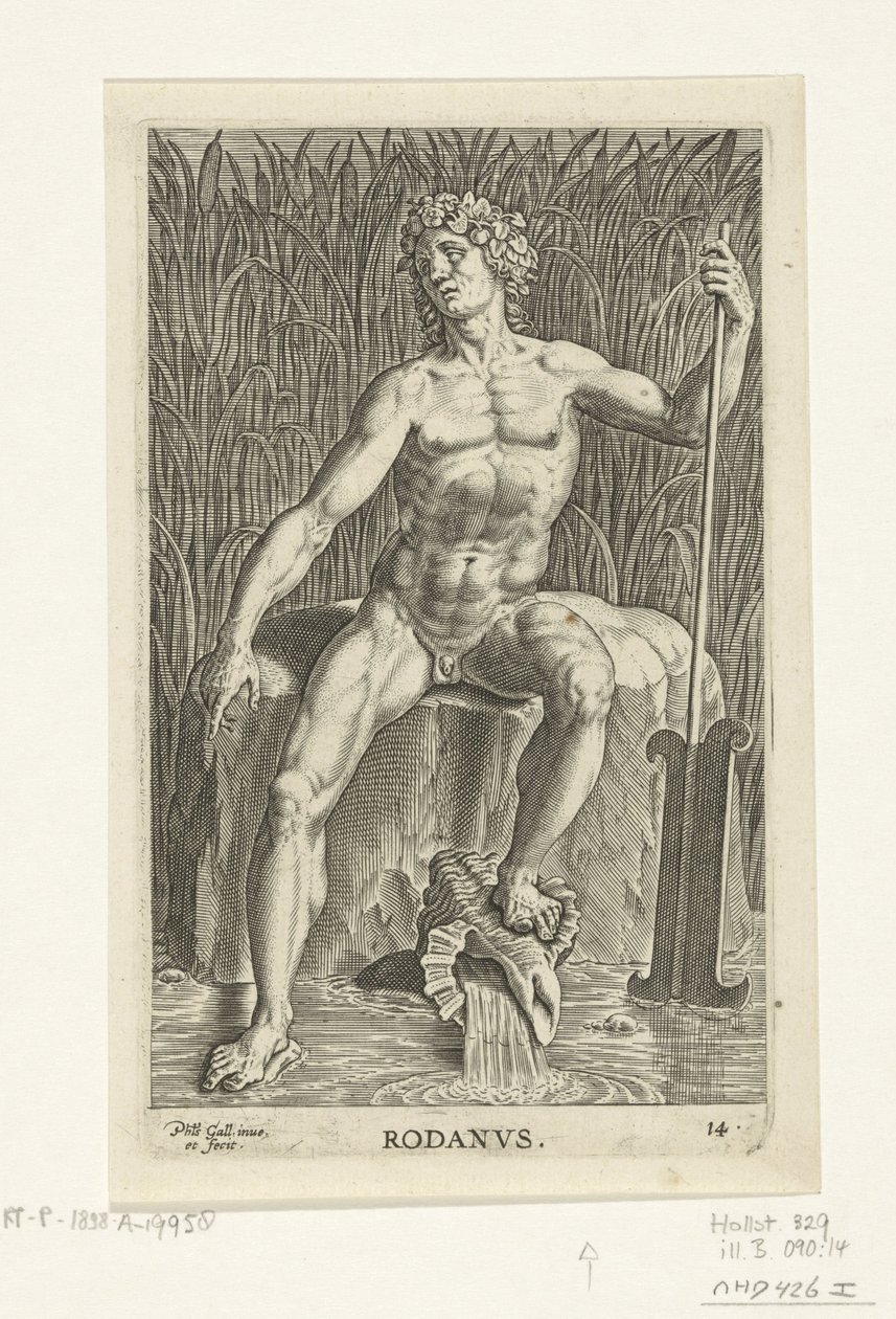 Riviergod Rhone Rodanvs (título no objeto) Rivier- en zeegoden (título da série) Retratos elegantes dos semideuses marinhos e das focas Amnicus (título da série) de Philips Galle