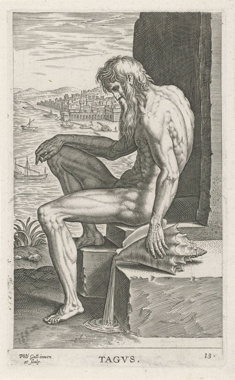 Deus do Rio Tejo Tagvs (título no objeto) Rivier- en zeegoden (título da série) Retratos elegantes dos semideuses marinhos e dos leões marinhos (título da série) de Philips Galle