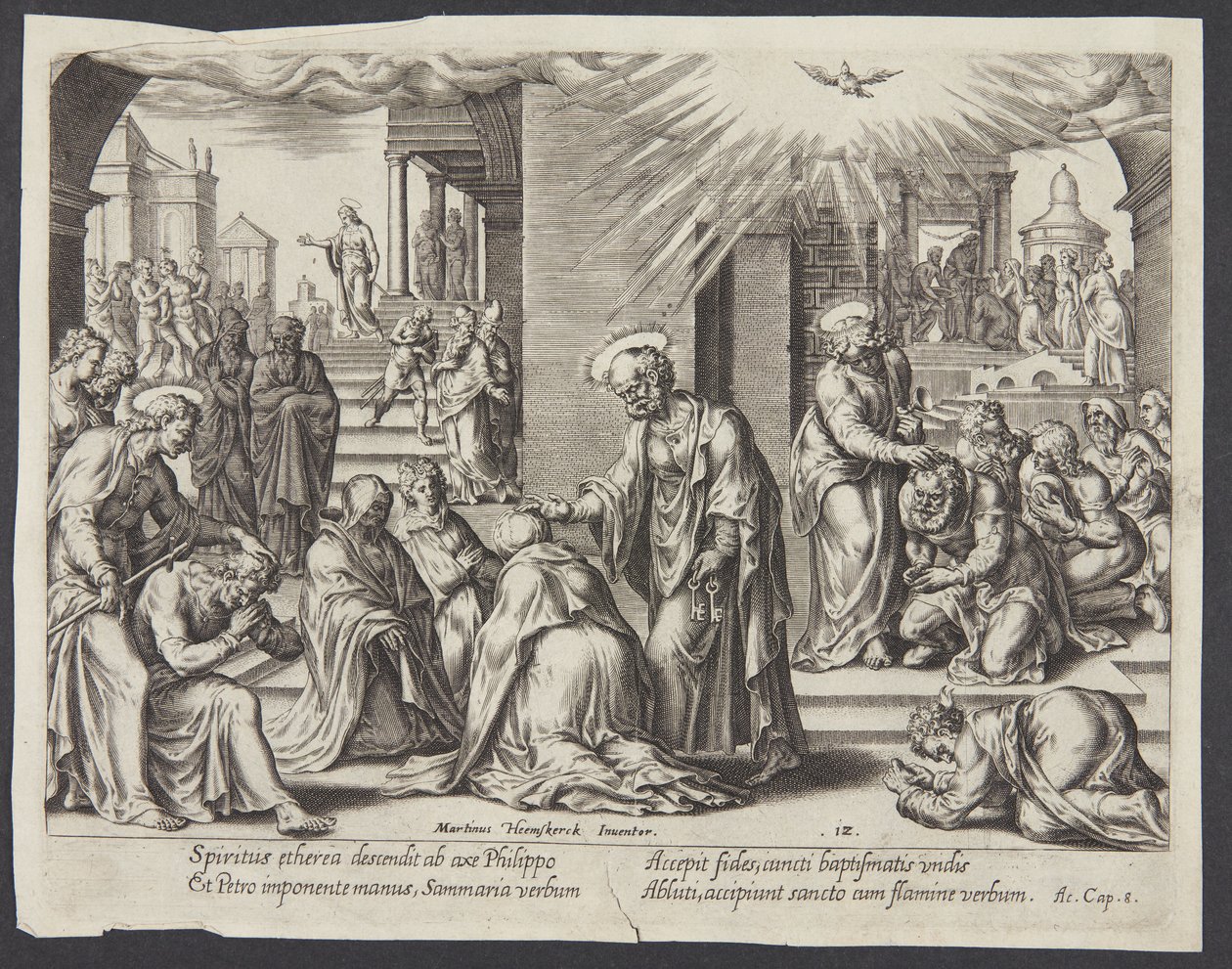 São Pedro, São João e São Filipe impondo as mãos sobre os batizados em Samaria de Philips Galle