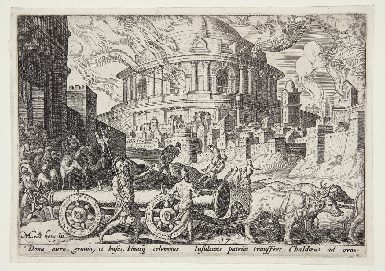 Os caldeus levando embora as colunas do templo de Jerusalém de Philips Galle