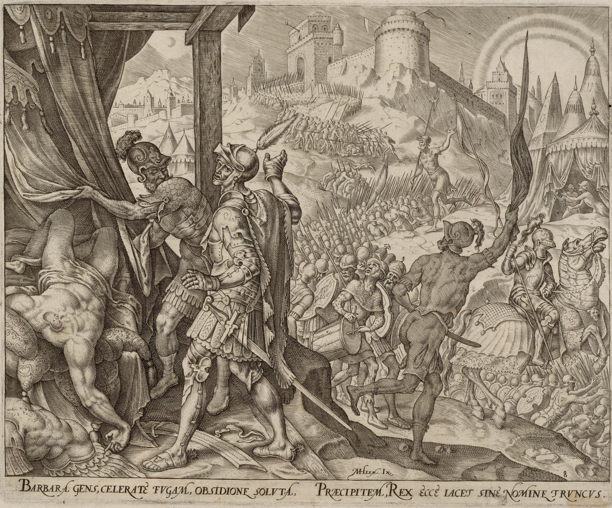 A descoberta do cadáver de Holofernes, placa oito de A história de Judite e Holofernes de Philips Galle