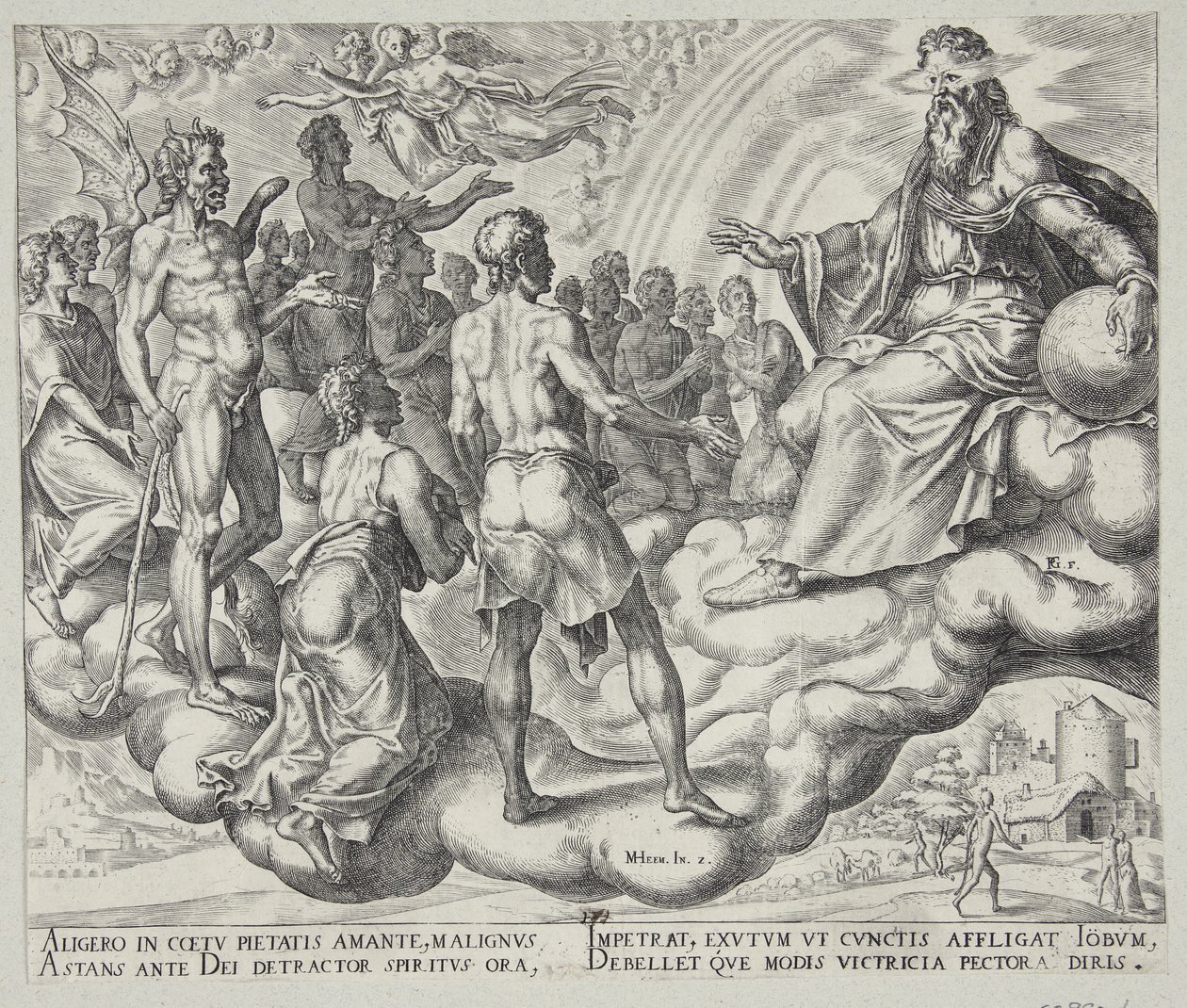 Os filhos de Deus, Satanás, entre eles, apresentam-se perante o Senhor de Philips Galle