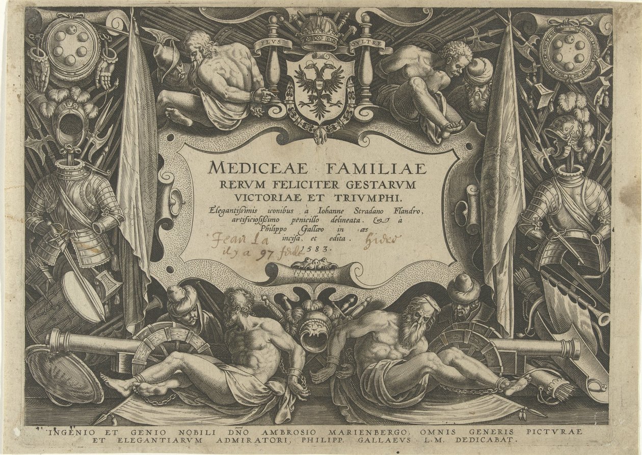 Impressão do título da série Mediceae Familiae
História da família da família Medici (título da série)
Mediceae Familiae rerum feliciter gestarum victoriae et triumph (título da série sobre o objecto) de Philips Galle
