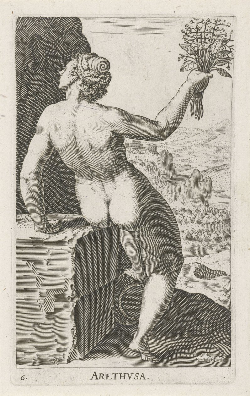 A ninfa da água Arethusa Arthvsa (título no objeto) Stroom en waternimfen (título da série) Ninfas Oceanitid, ephidrid potamidus naiad (título da série) de Philips Galle