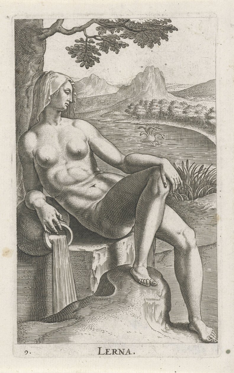 Waternimf Lerna Lerna (título no objeto) Stroom- a waternymph (título da série) Nympharum oceanitidum, Ephydridum potamidum naiadum (título da série) de Philips Galle