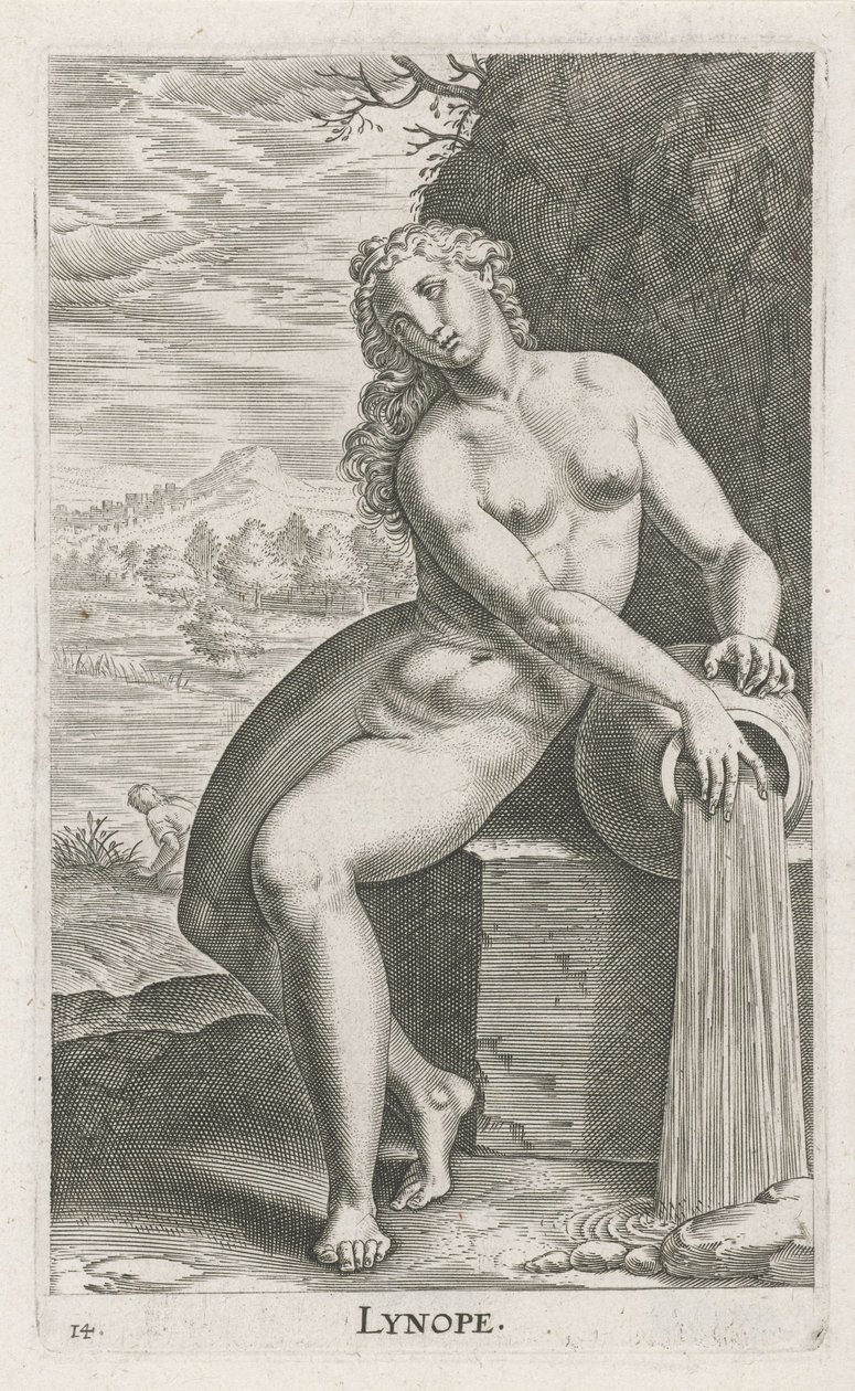 Ninfa da água Linope Lynope (título no objeto) Stroom en waternimfen (título da série) Ninfas Oceanitid, ephidrid potamidus naiad (título da série) de Philips Galle