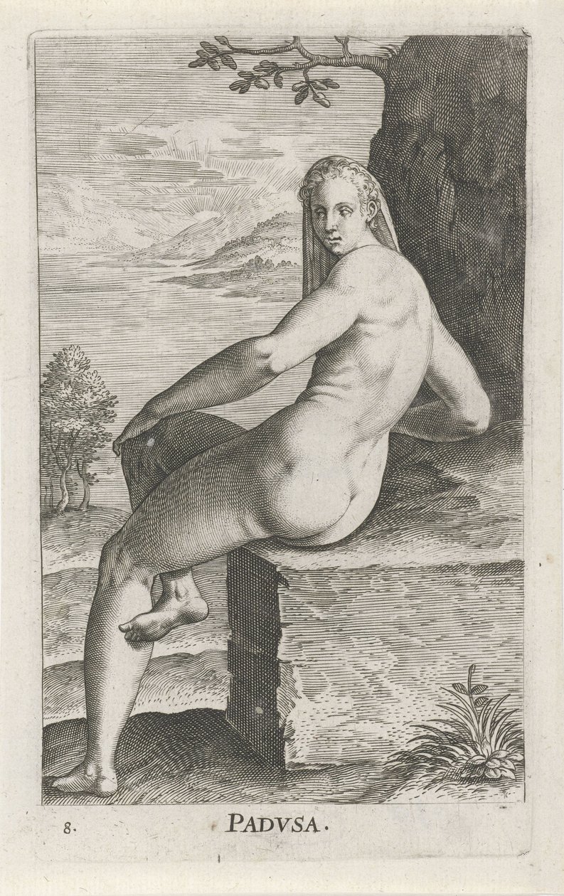 Ninfa da água Padusa Padvsa (título no objeto) Stroom en waternimfen (título da série) Ninfas Oceanitid, ephidrid potamidus naiads (título da série) de Philips Galle