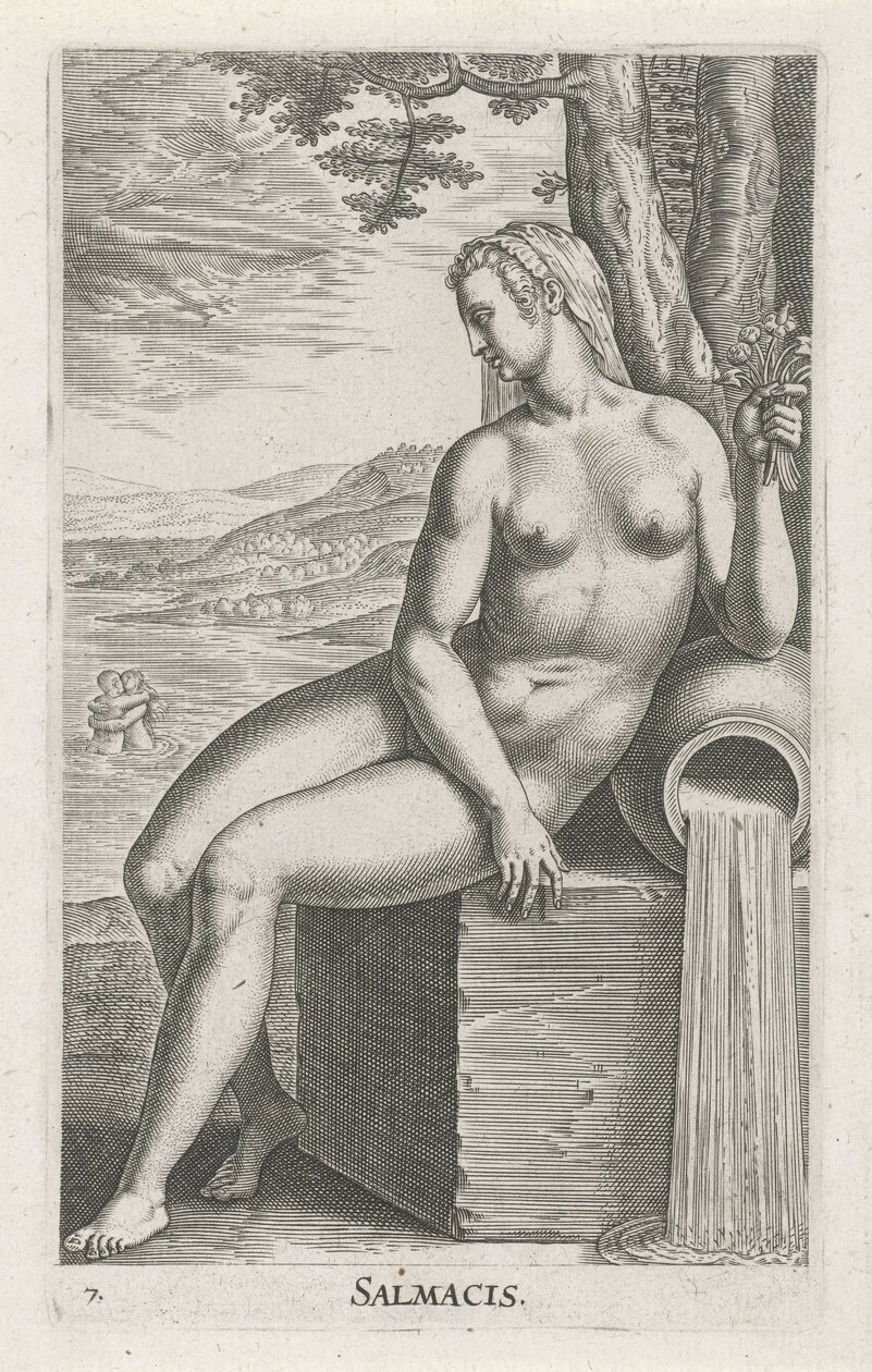 Ninfa da água Salmacis Salmacis (título no objeto) Stroom en waternimfen (título da série) Ninfas Oceanitid, ephidrid potamidus naiads (título da série) de Philips Galle