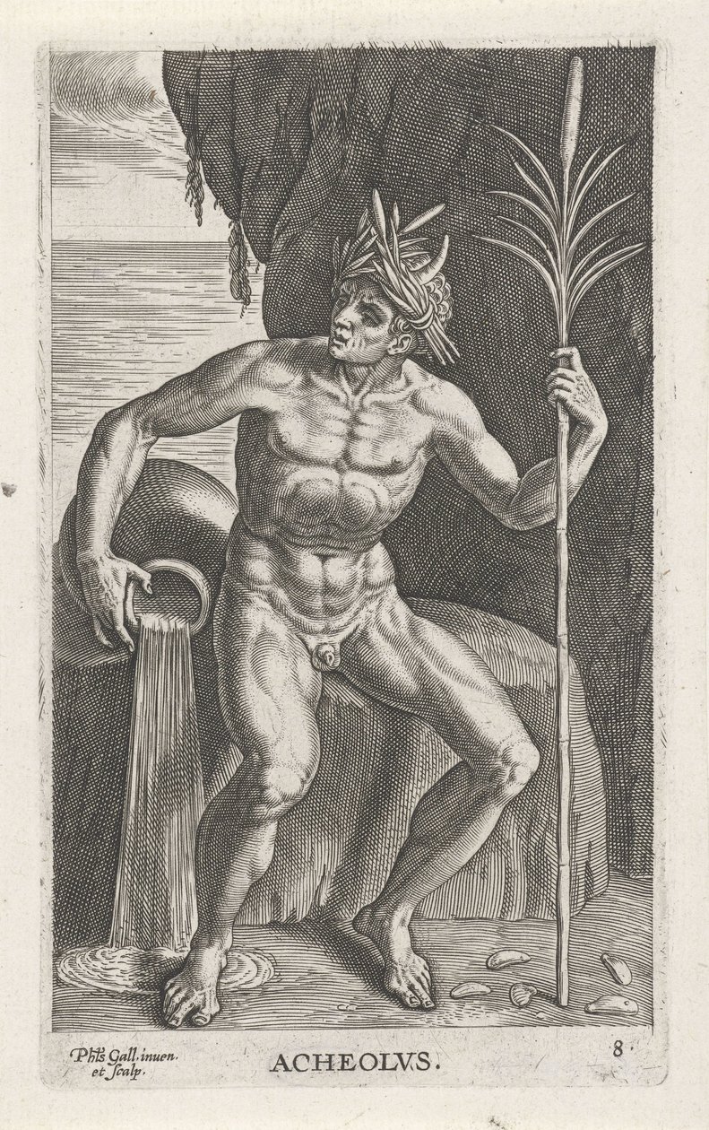 O deus do mar Achelous
Acheolvs (título sobre o objecto)
Deuses do rio e do mar (título da série)
Semideorum Marinorum amnicorumque sigillariae imagines perelegantes (título da série) de Philips Galle