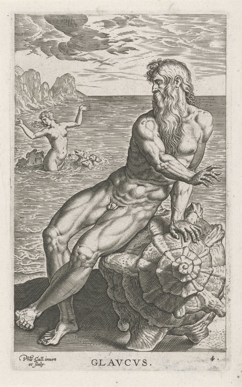 Deus do mar Glaucus
Glavcvs (título sobre o objecto)
Deuses do rio e do mar (título da série)
Semideorum Marinorum amnicorumque sigillariae imagines perelegantes (título da série) de Philips Galle